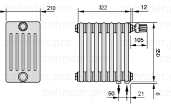 Схема (чертеж) Радиатор Zehnder Charleston 6055/7 №V002 Белый глянцевый RAL 9016